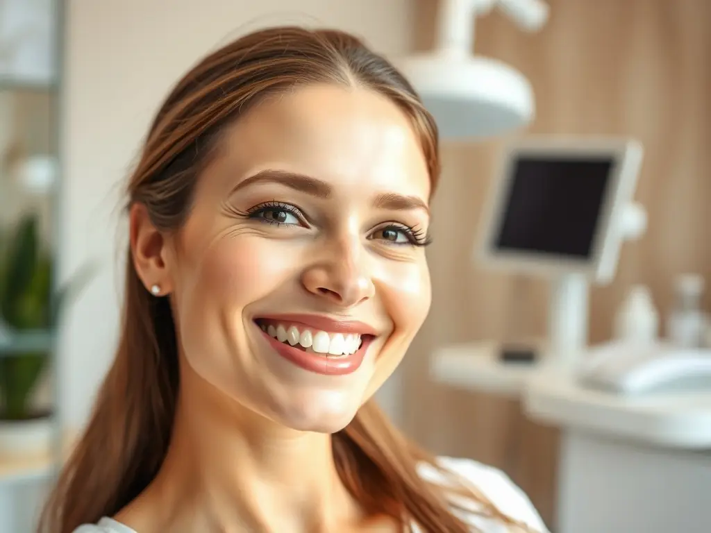 A satisfied client smiling in a clinic after a laser treatment, showcasing glowing skin.