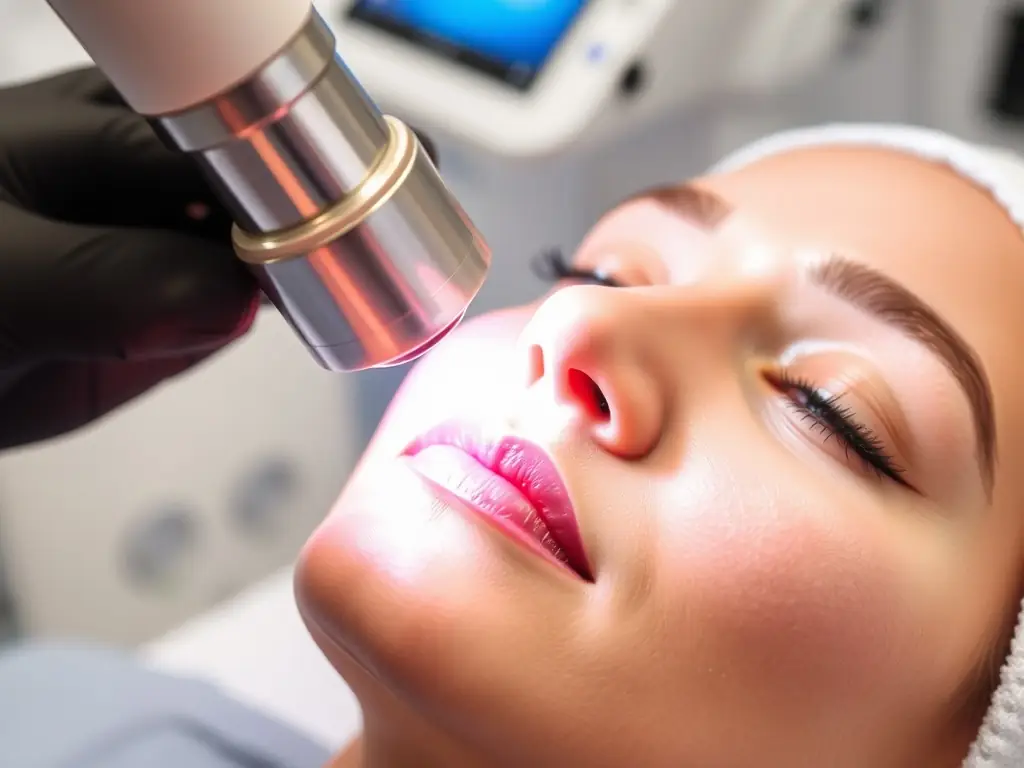 Close-up of a diode laser platform in action during a skin rejuvenation treatment.