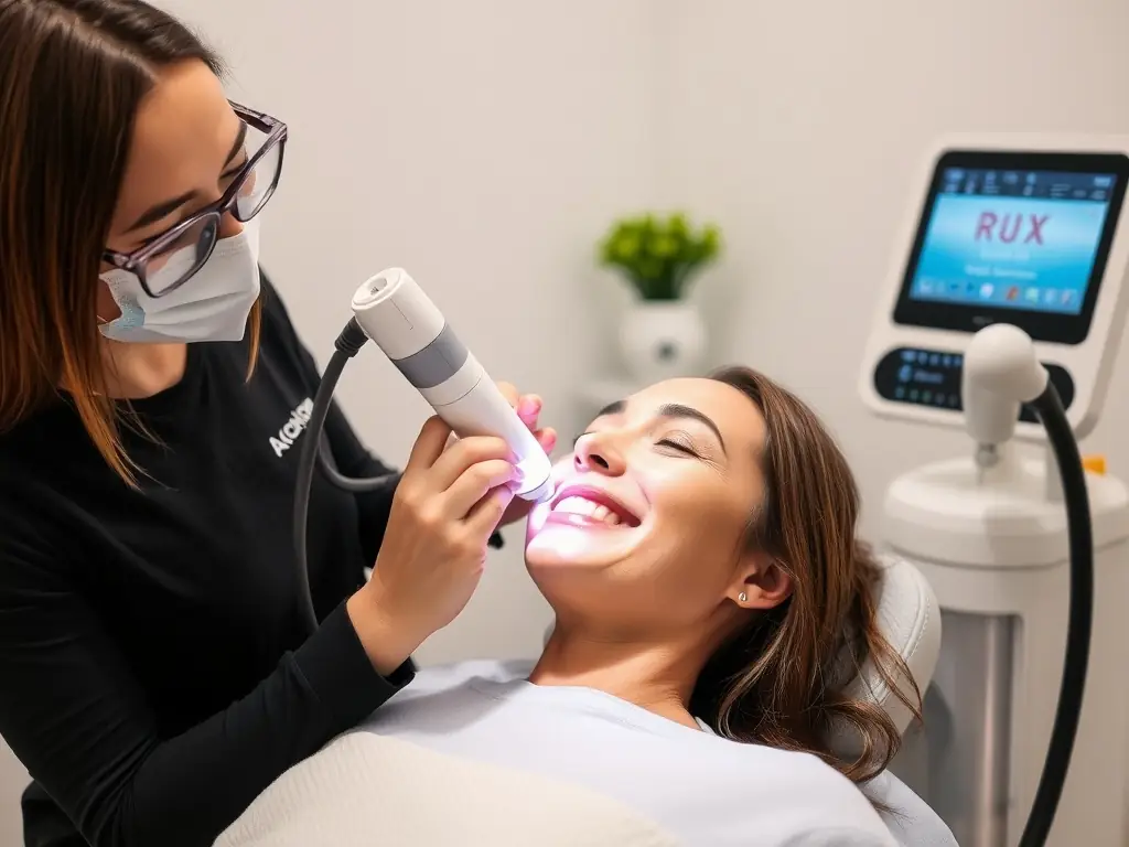 A happy client receiving a laser treatment at AC-ROX clinic, showcasing professional care.
