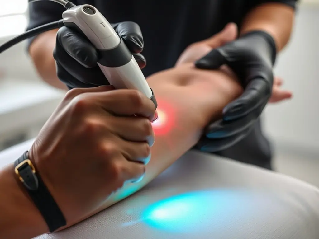 Close-up of a diode laser device in use on a patient's arm.